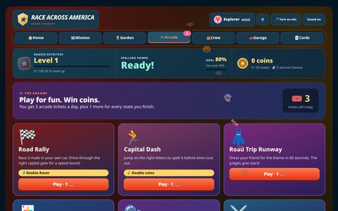 The arcade screen with Road Rally, Capital Dash and other reward games