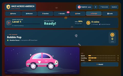 The garage screen with a pink cartoon car and speed, handling and boost bars