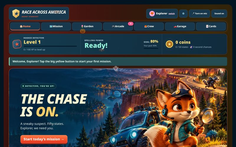 Race Across America home screen: a fox detective with an off-road truck, level, coins and a Start today's mission button