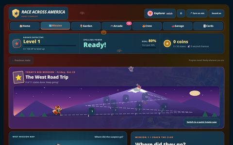Mission screen showing today's West road trip route across numbered states